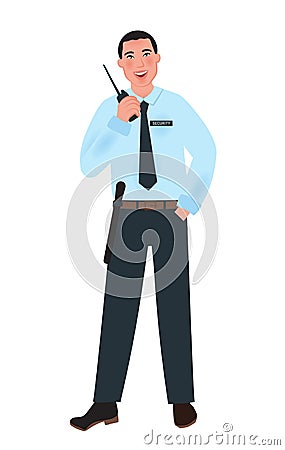 Security guard professional in uniform in a free pose holding a radio. The profession of security guard. Vector illustration of hu Vector Illustration